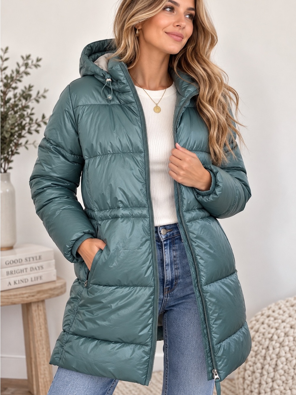 Ozark Trail Women's Teal Puffer Hooded Coat Lightweight Quilted Winter Jacket